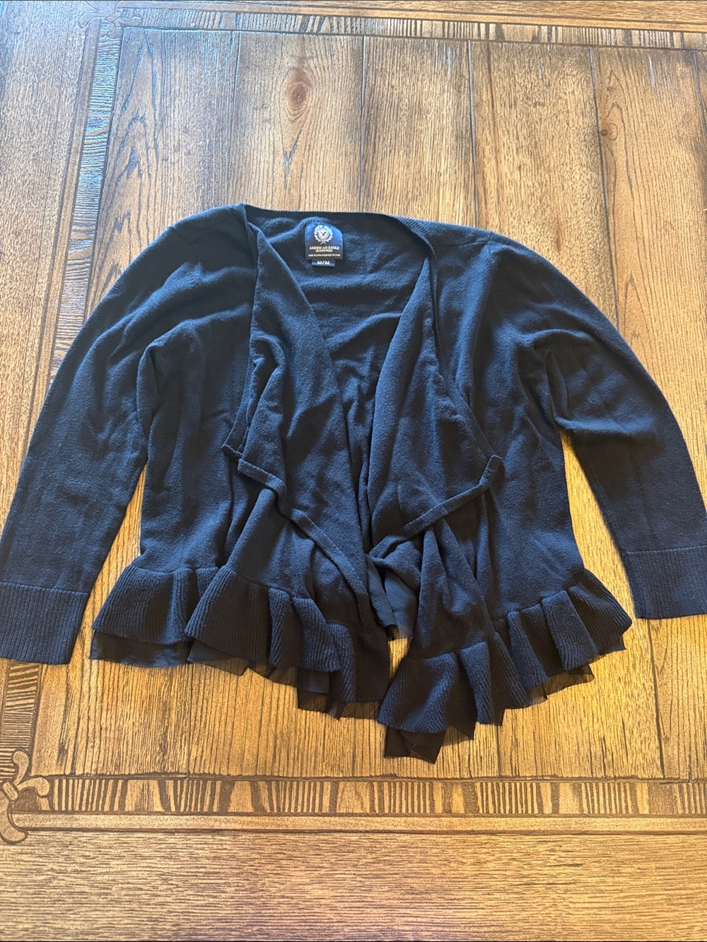 American Eagle Outfitters Black Ruffle-Trim Open-Front Cardigan